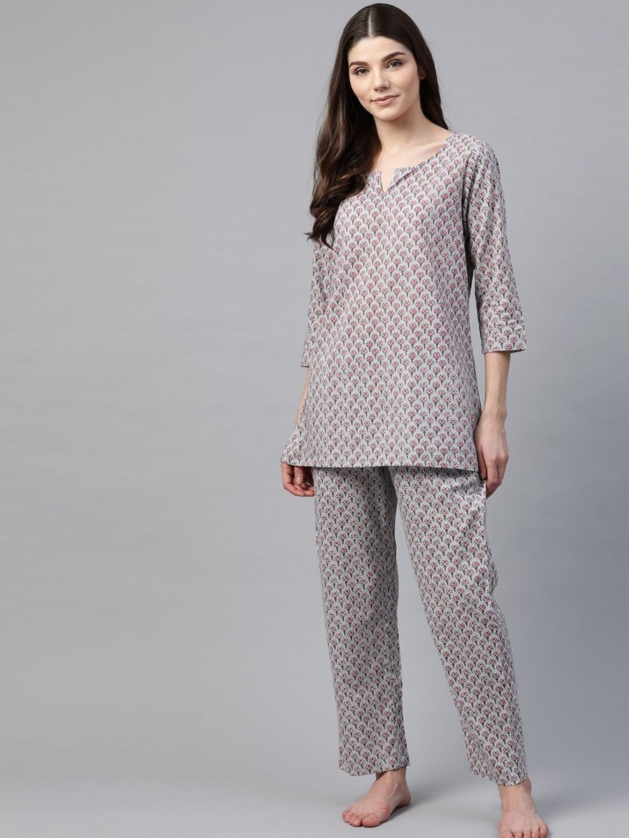 Women Divena | Women'S Grey Printed Loungewear/Nightwear - Divena