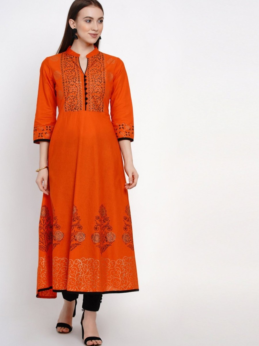 Women NOZ2TOZ | Women'S Orange Festive Ajrakh Hand Block Cotton Printed Anarkali - Noz2Toz