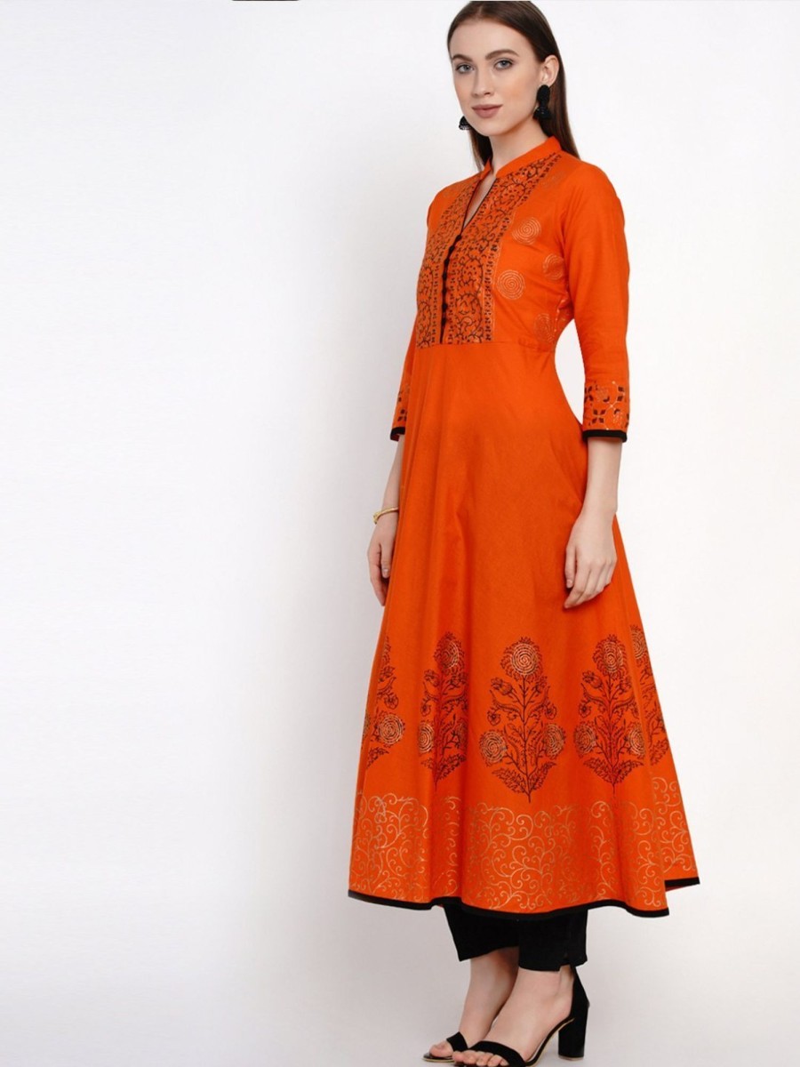 Women NOZ2TOZ | Women'S Orange Festive Ajrakh Hand Block Cotton Printed Anarkali - Noz2Toz