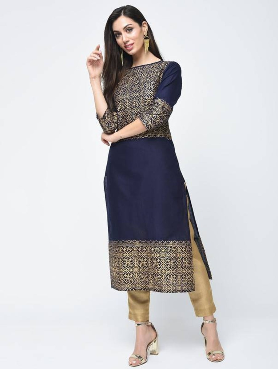 Women Aniyah | Women'S Block Printed Straight Kurta - Aniyah Navy