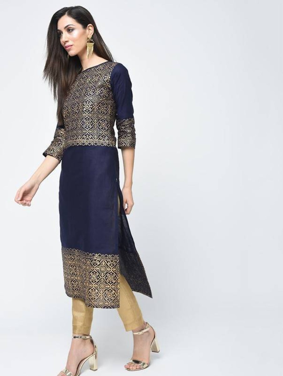 Women Aniyah | Women'S Block Printed Straight Kurta - Aniyah Navy