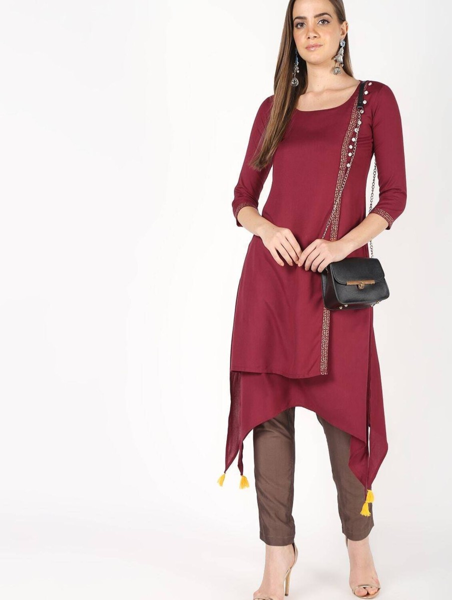 Women CHEERA | Women'S Front Design With A-Line Kurta Only - Cheera Maroon