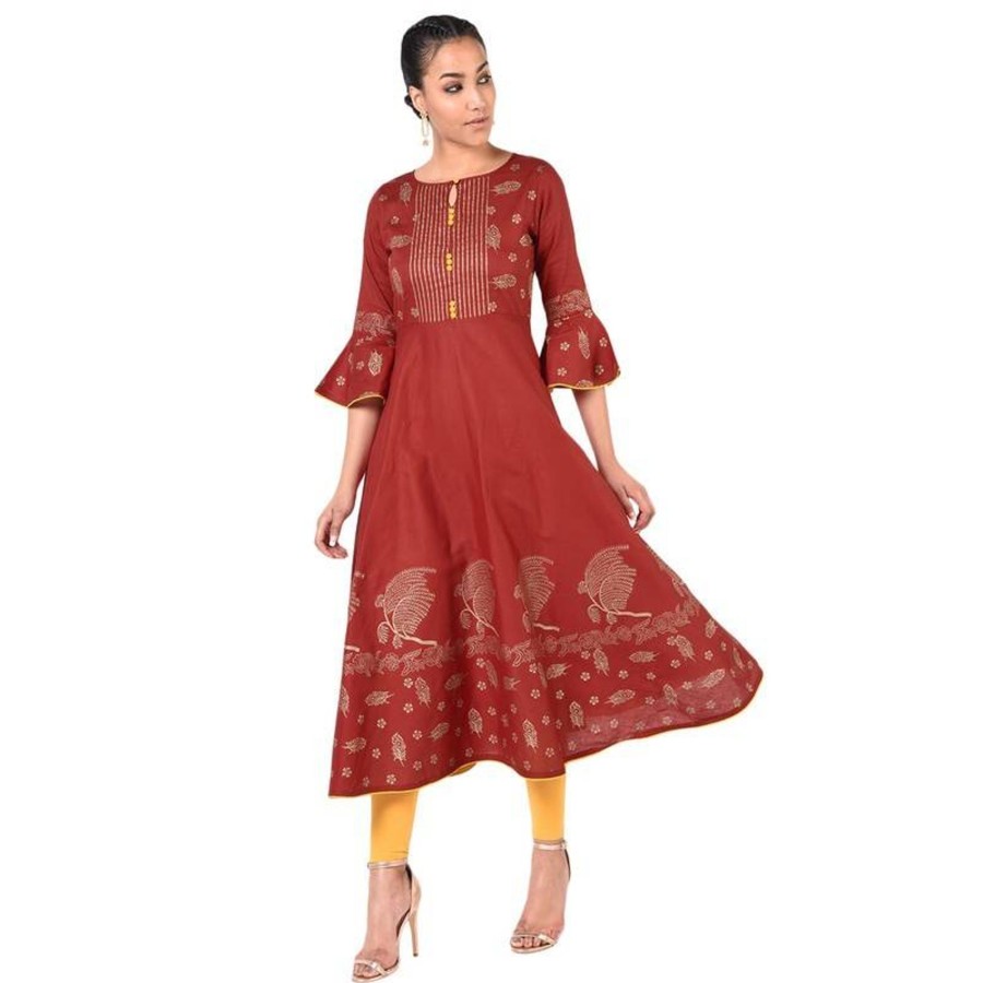 Women Aniyah | Women'S Gold Print Flared Kurta - Aniyah Maroon