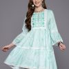 Women Indo Era | Women'S Sea Embroidered A-Line Smart Casual Dress - Indo Era Green