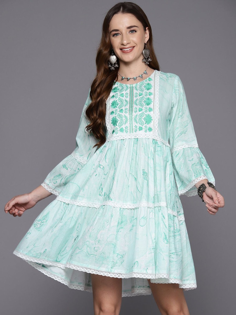 Women Indo Era | Women'S Sea Embroidered A-Line Smart Casual Dress - Indo Era Green