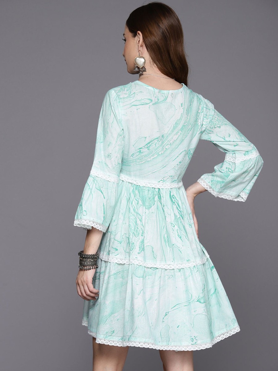 Women Indo Era | Women'S Sea Embroidered A-Line Smart Casual Dress - Indo Era Green