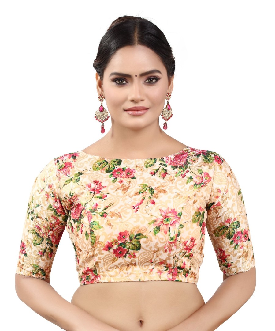 Women Madhu Fashion | Women'S Polyester Brocade Digital Print Elbow Length Sleeves Readymade Saree Blouse - Madhu Fashion