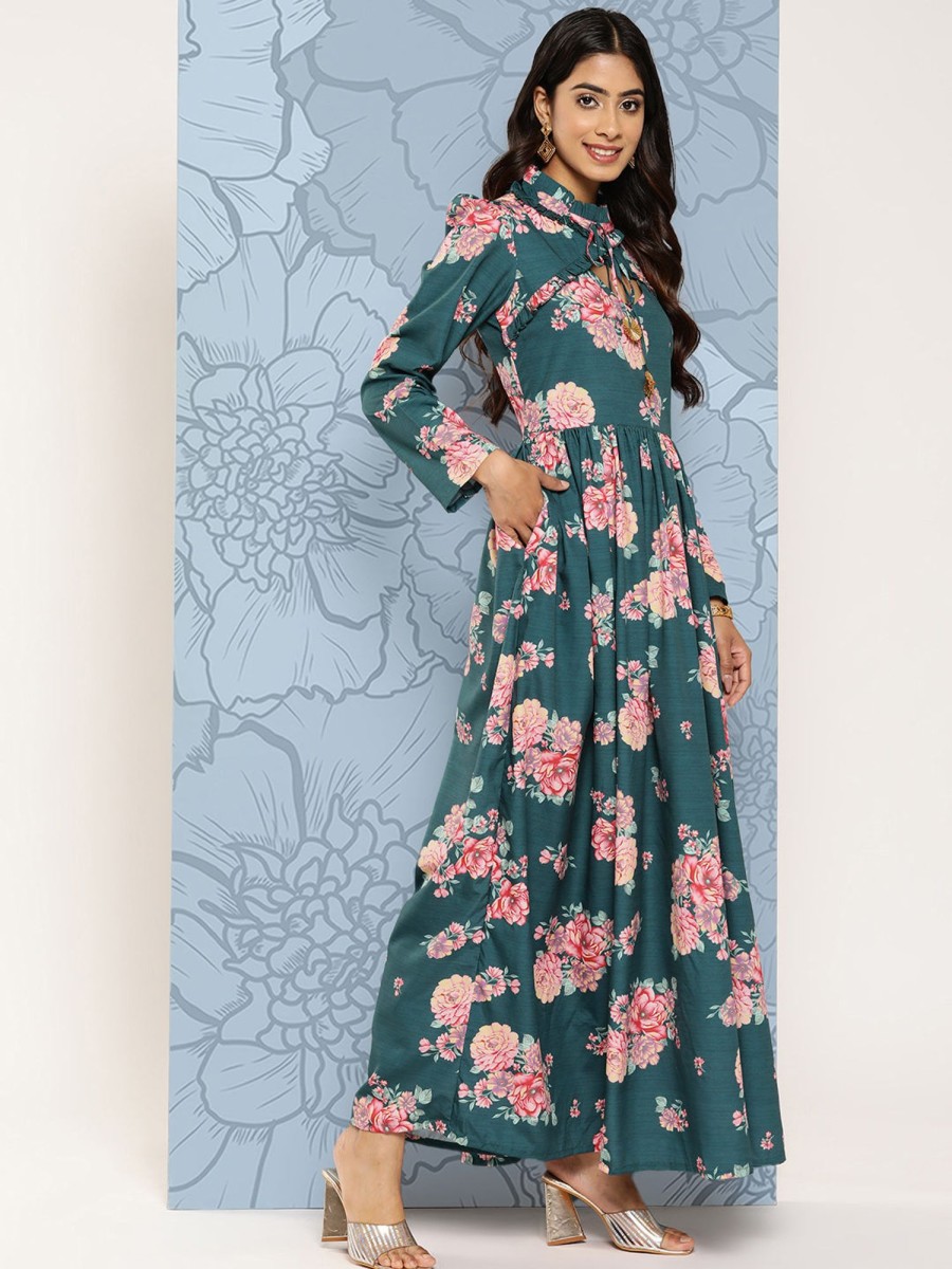 Women Ahalyaa | Women'S Floral Print Puff Sleeves Tie-Up Neck Crepe Ethnic Gown With Cut-Out Detail - Ahalyaa Green