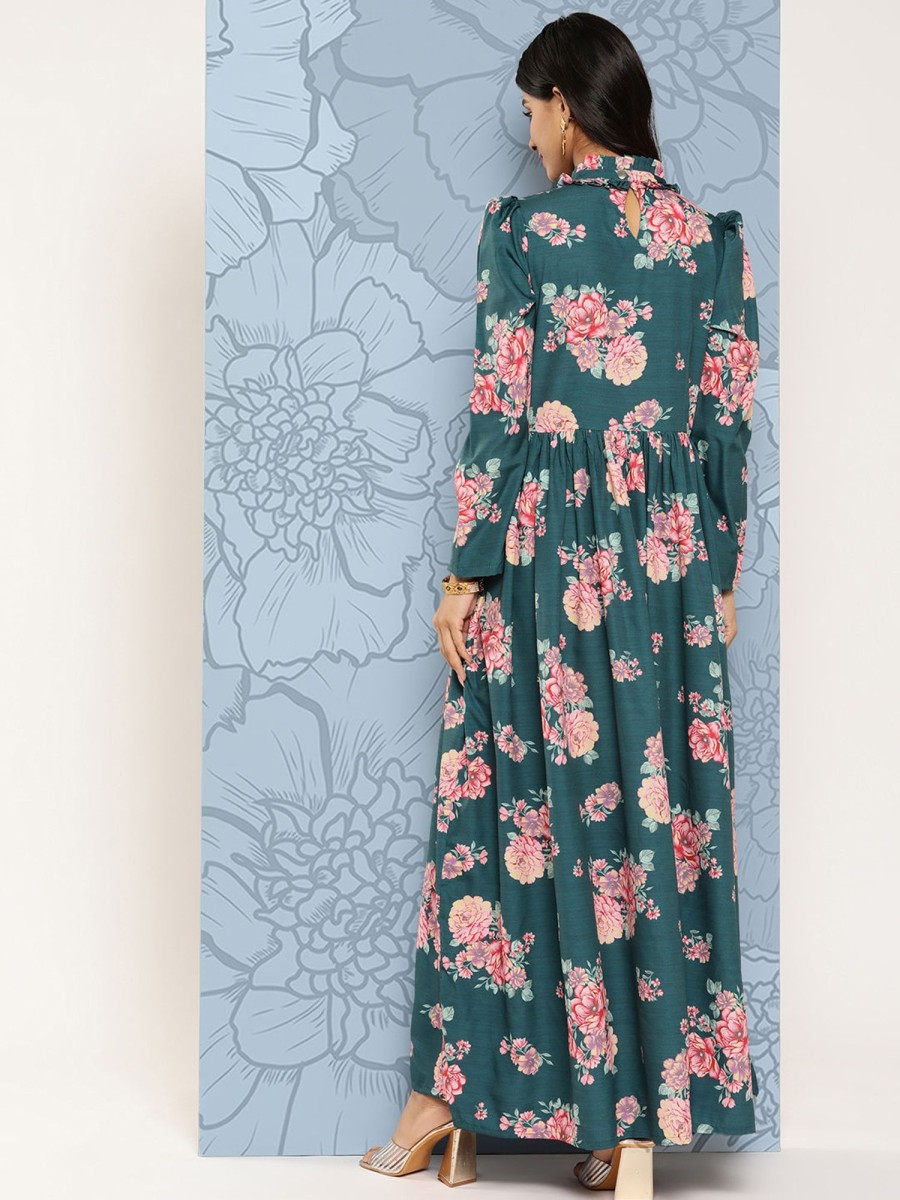 Women Ahalyaa | Women'S Floral Print Puff Sleeves Tie-Up Neck Crepe Ethnic Gown With Cut-Out Detail - Ahalyaa Green