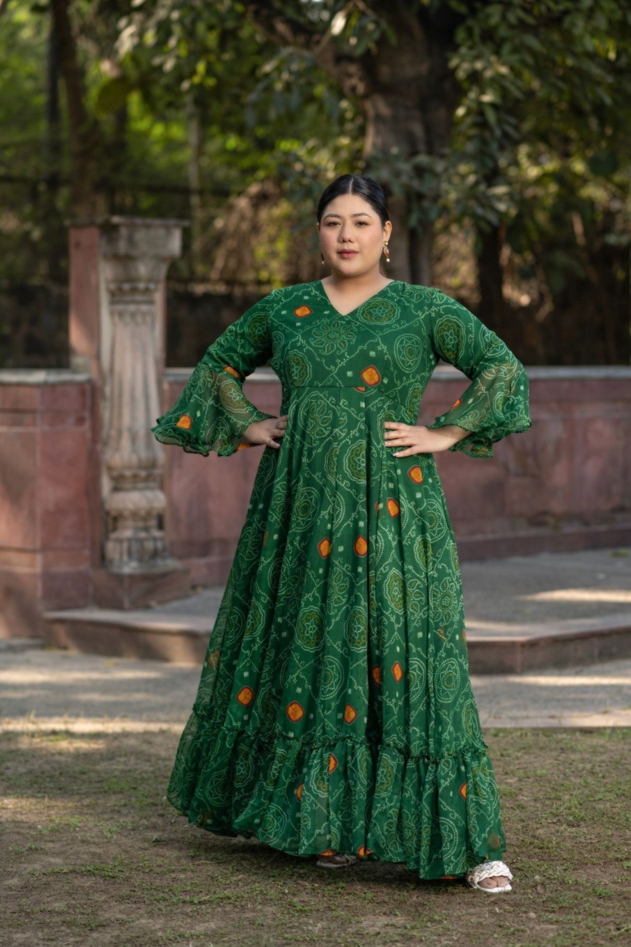 Women SARAS THE LABEL | Women'S Green Bandhani Print Gown - Saras The Label (1 Pc Set)