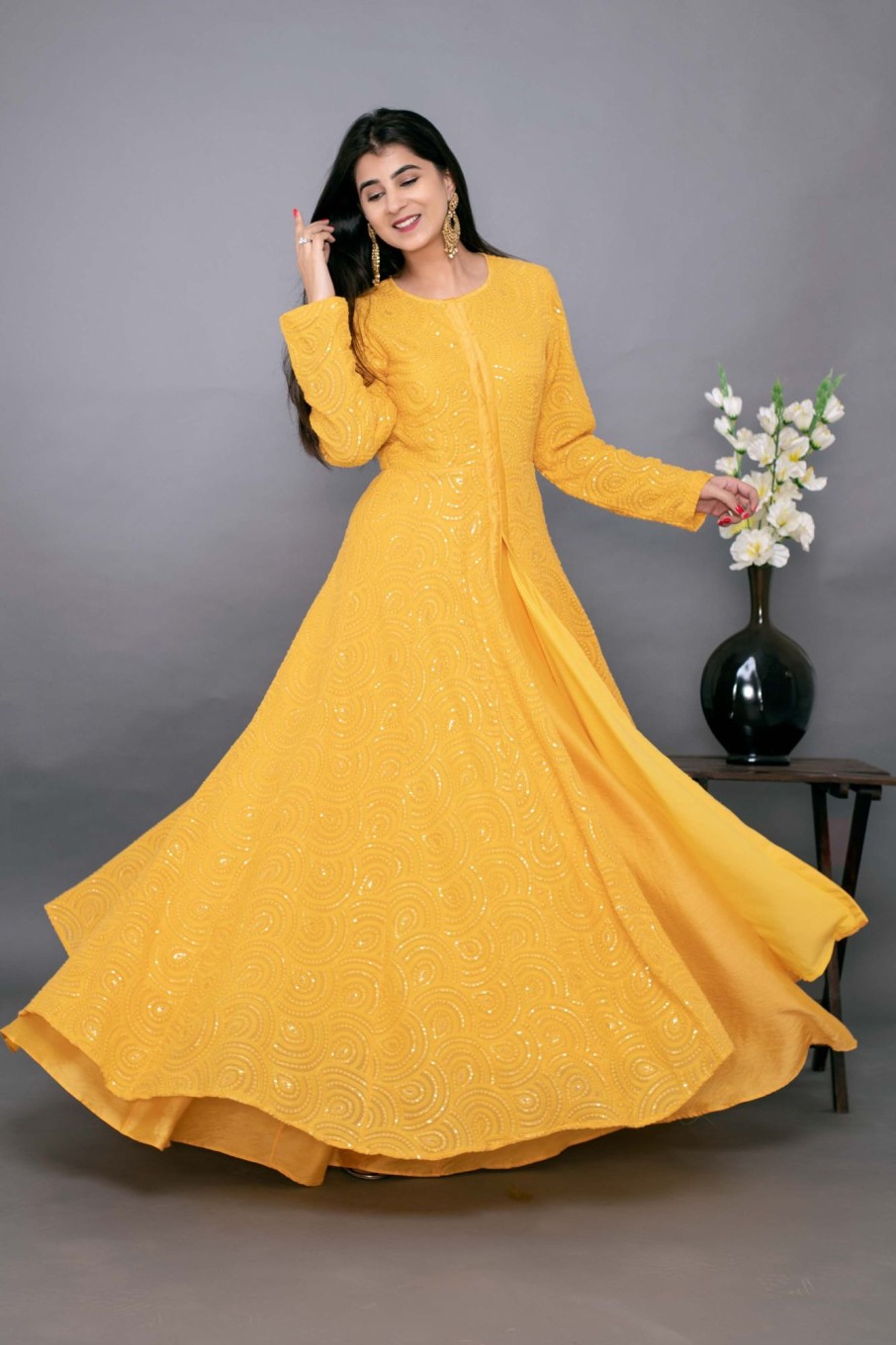 Women Label Shaurya Sanadhya | Women'S Yellow Thread Work Anarkali With Chanderi Skirt (2Pc Set) - Label Shaurya Sanadhya