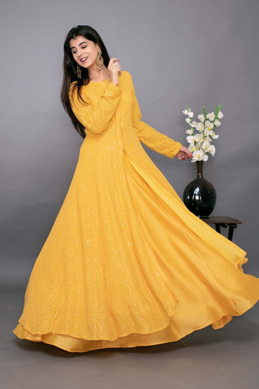 Women Label Shaurya Sanadhya | Women'S Yellow Thread Work Anarkali With Chanderi Skirt (2Pc Set) - Label Shaurya Sanadhya