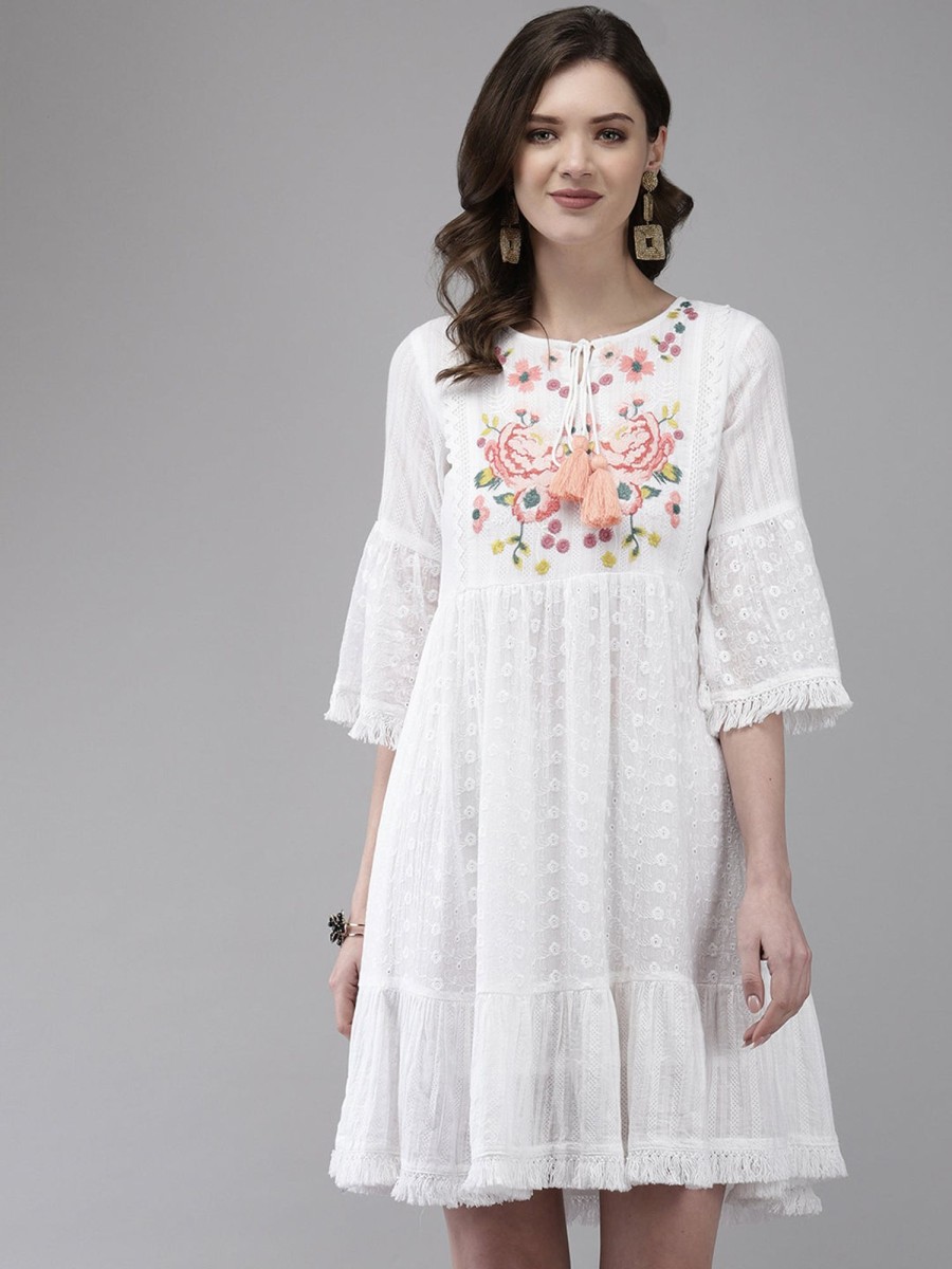 Women Final Clearance Sale | Women'S Cotton Blend Embroidered A-Line Dress - Final Clearance Sale White