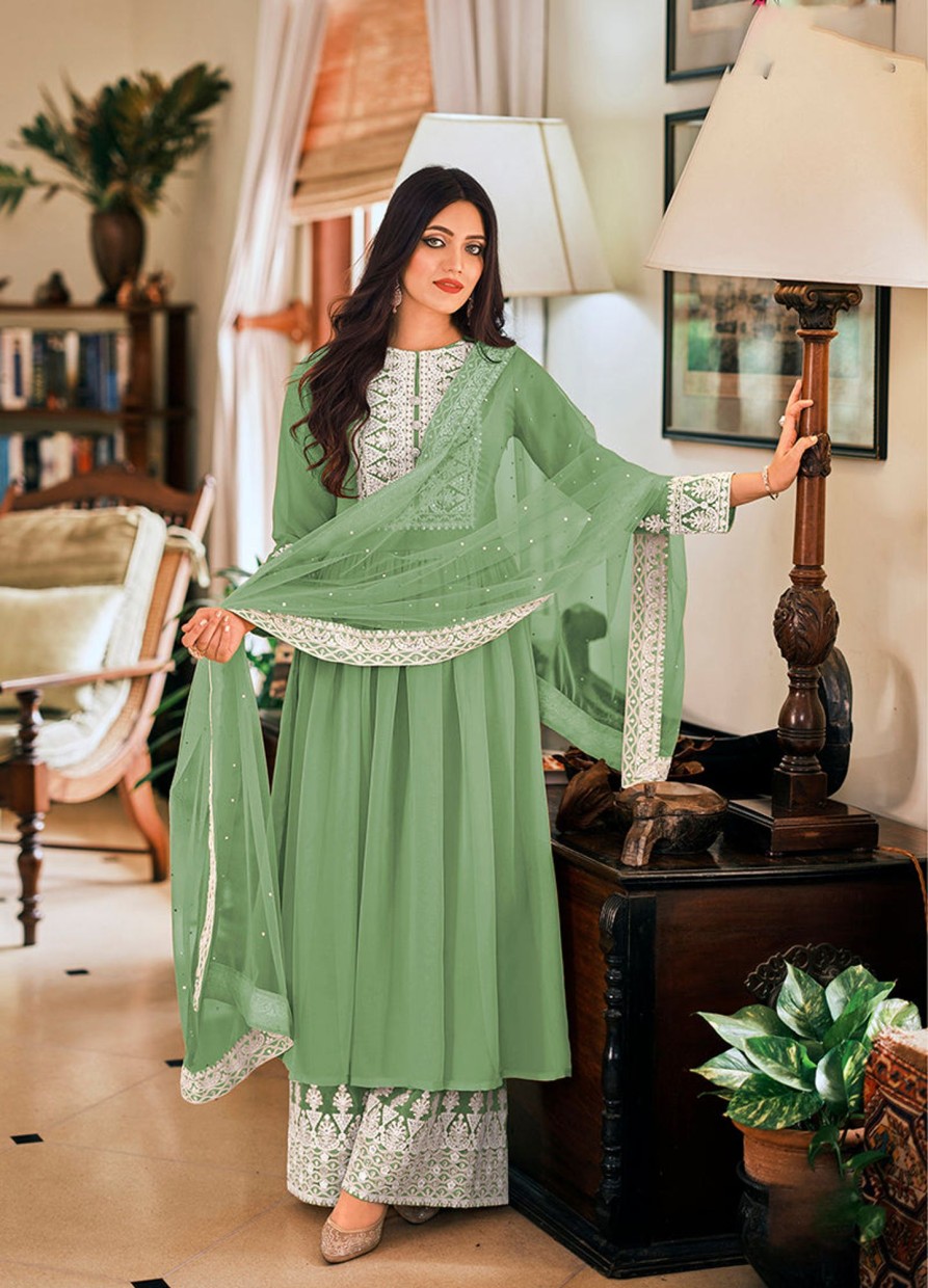 Women Monjolika | Women'S Sea Green Color Georgette Embroidered Party Salwar Suit - Monjolika