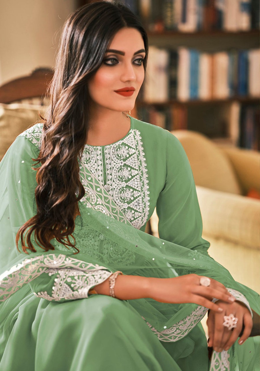 Women Monjolika | Women'S Sea Green Color Georgette Embroidered Party Salwar Suit - Monjolika