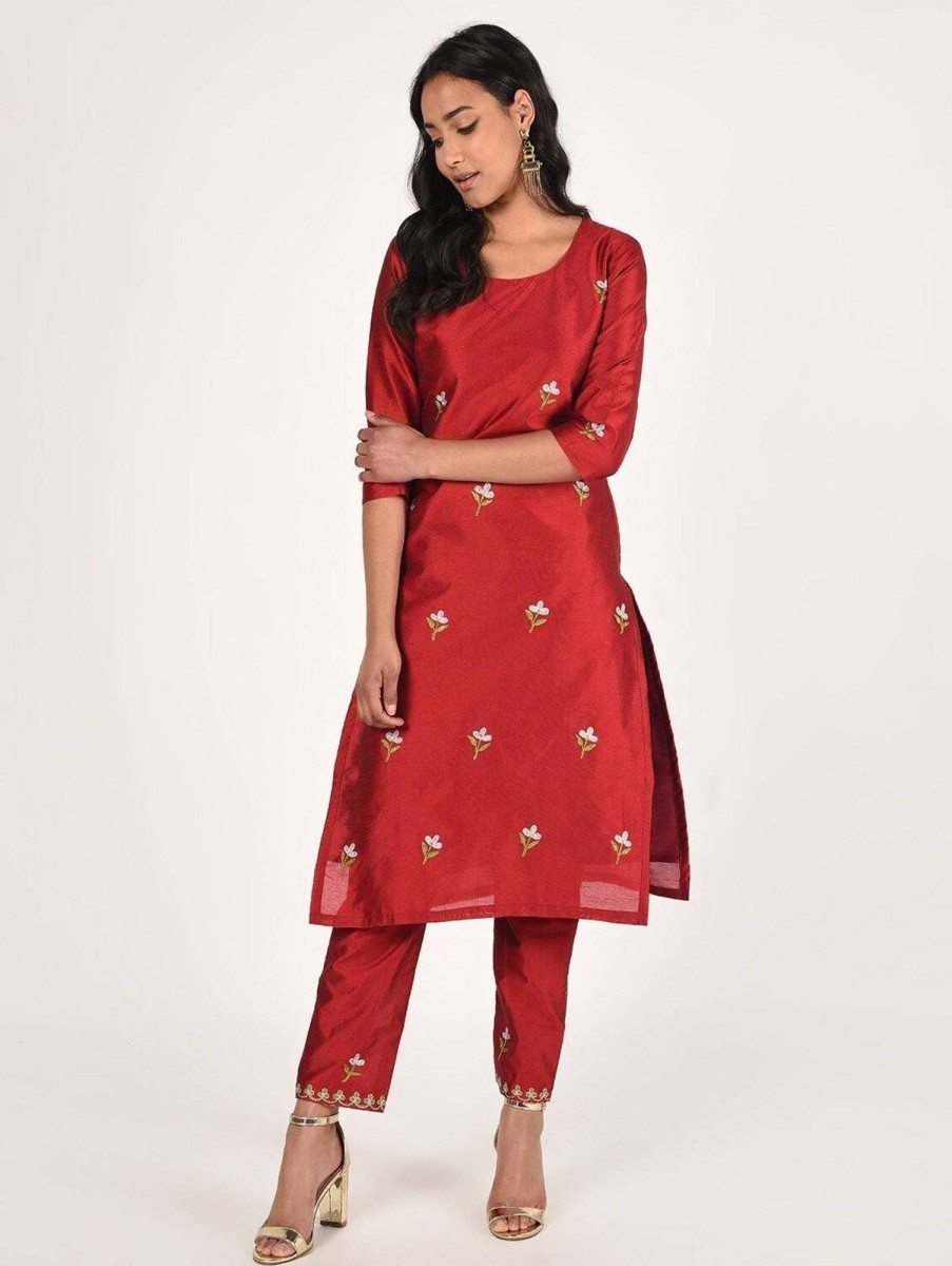 Women CHEERA | Women'S Dupion Silk Hand Embroidered Straight Kurta Only - Cheera Maroon