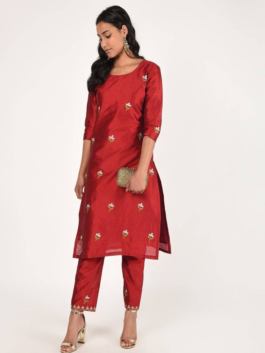 Women CHEERA | Women'S Dupion Silk Hand Embroidered Straight Kurta Only - Cheera Maroon