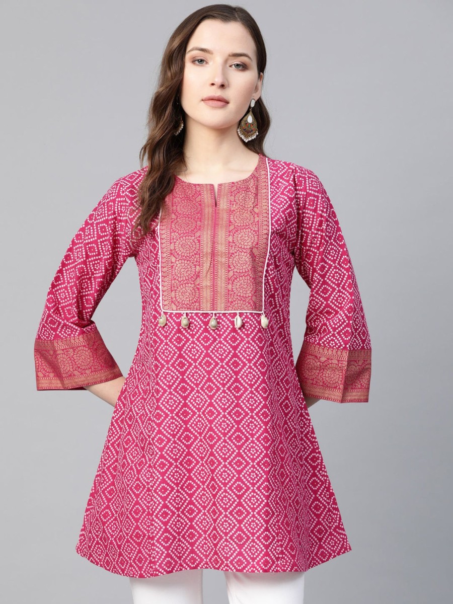 Women Bhama Couture USA | Pink U0026 White Bandhej Print Tunic - Bhama Couture Usa