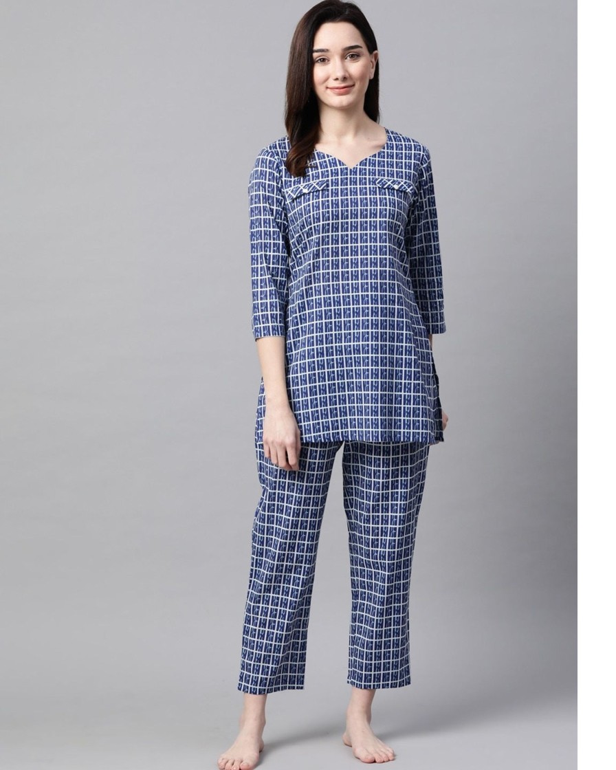 Women Meeranshi | Women'S Blue Pure Cotton Printed Night Suit - Meeranshi