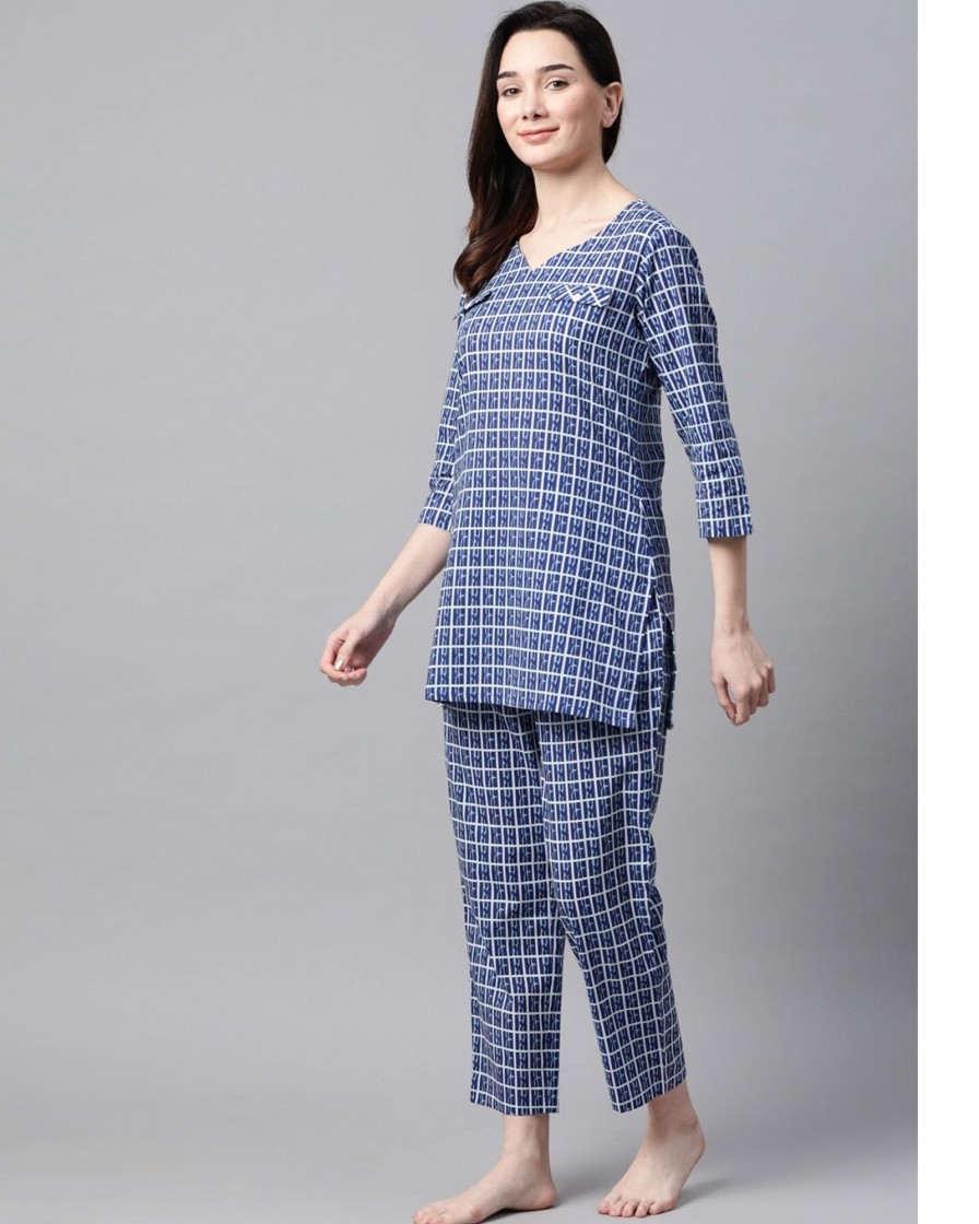 Women Meeranshi | Women'S Blue Pure Cotton Printed Night Suit - Meeranshi