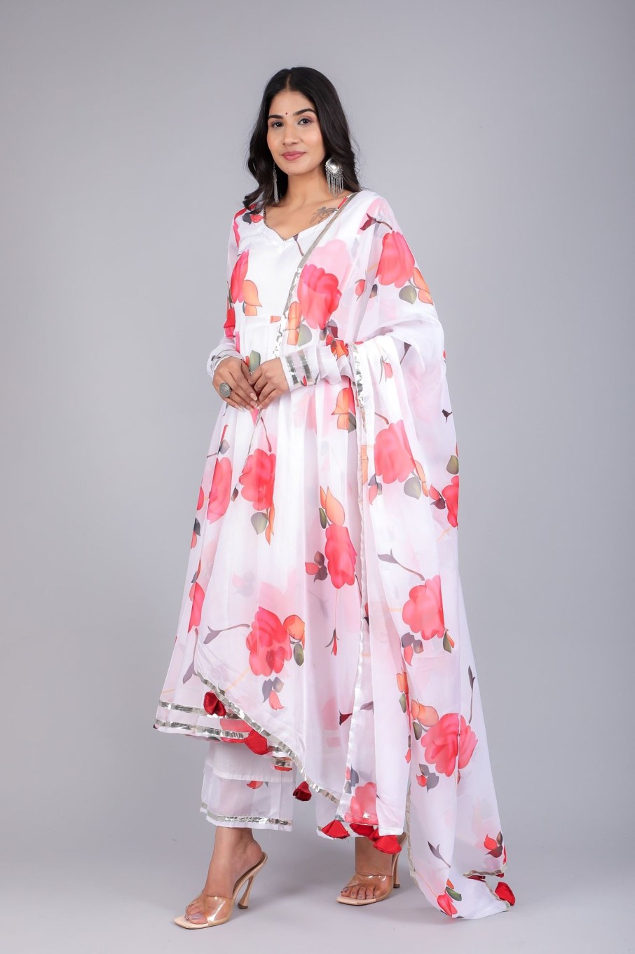 Women Pomcha Jaipur | Women'S Aanchal Red Phool Organza Anarkali - Pomcha Jaipur White