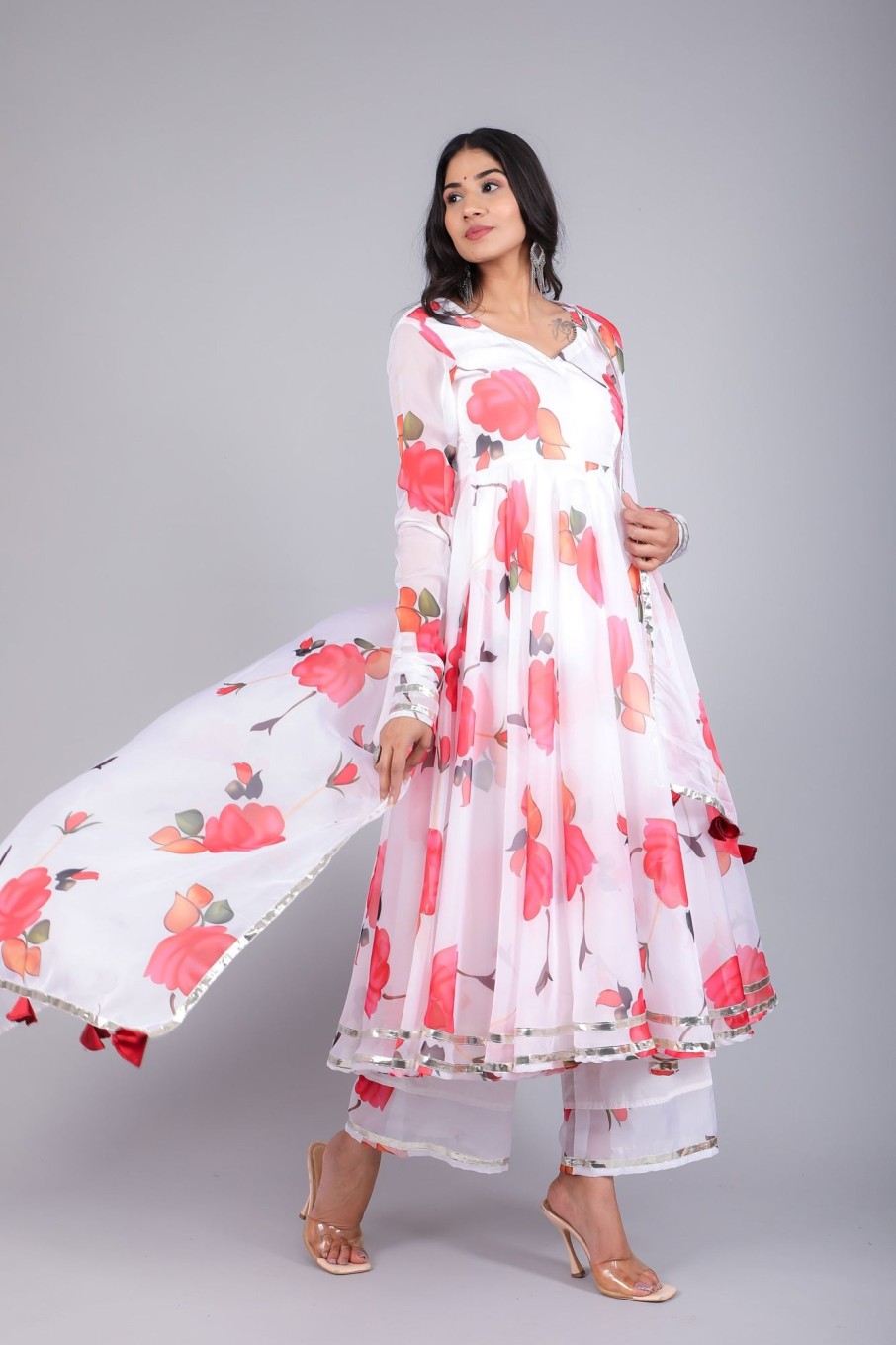 Women Pomcha Jaipur | Women'S Aanchal Red Phool Organza Anarkali - Pomcha Jaipur White