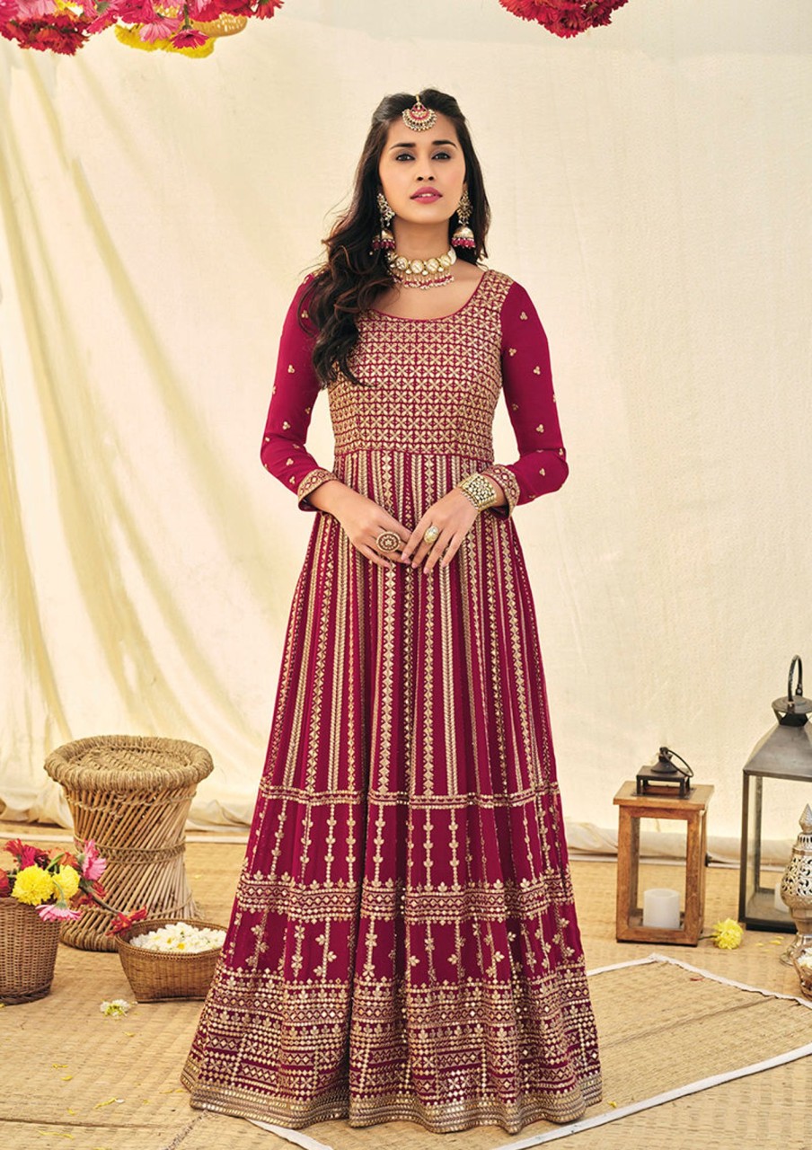 Women Monjolika | Women'S Rani Pink Color Georgette Heavy Work Full Length Anarkali Suit - Monjolika