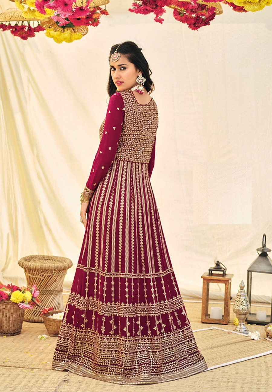 Women Monjolika | Women'S Rani Pink Color Georgette Heavy Work Full Length Anarkali Suit - Monjolika