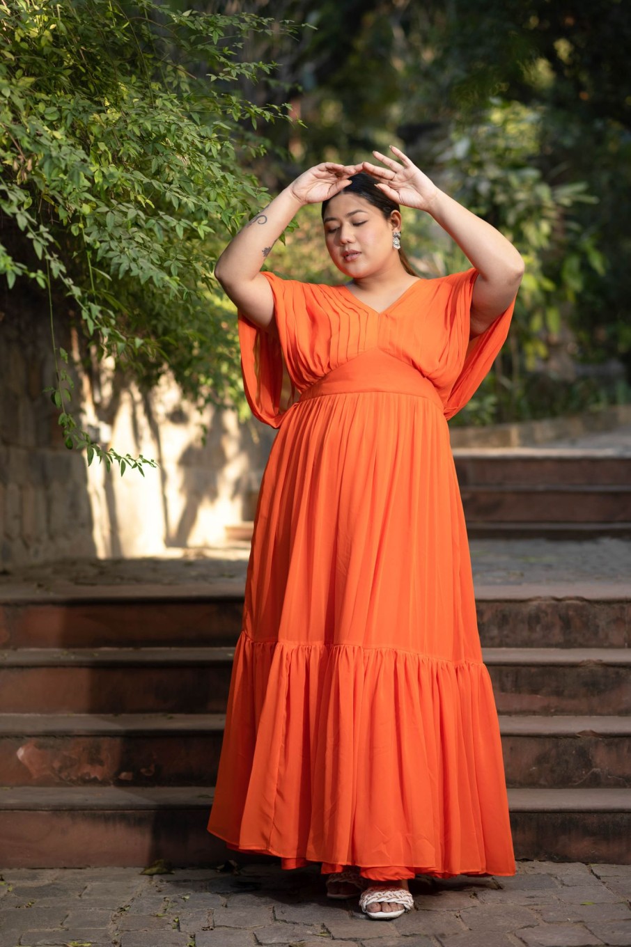 Women Label Shaurya Sanadhya | Women'S Plus Size Orange Pleated Gown - Label Shaurya Sanadhya