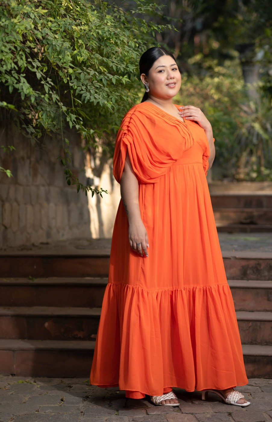 Women Label Shaurya Sanadhya | Women'S Plus Size Orange Pleated Gown - Label Shaurya Sanadhya