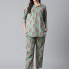 Women Wahe-NOOR | Women'S Green Floral Print Cotton Nightwear - Wahenoor