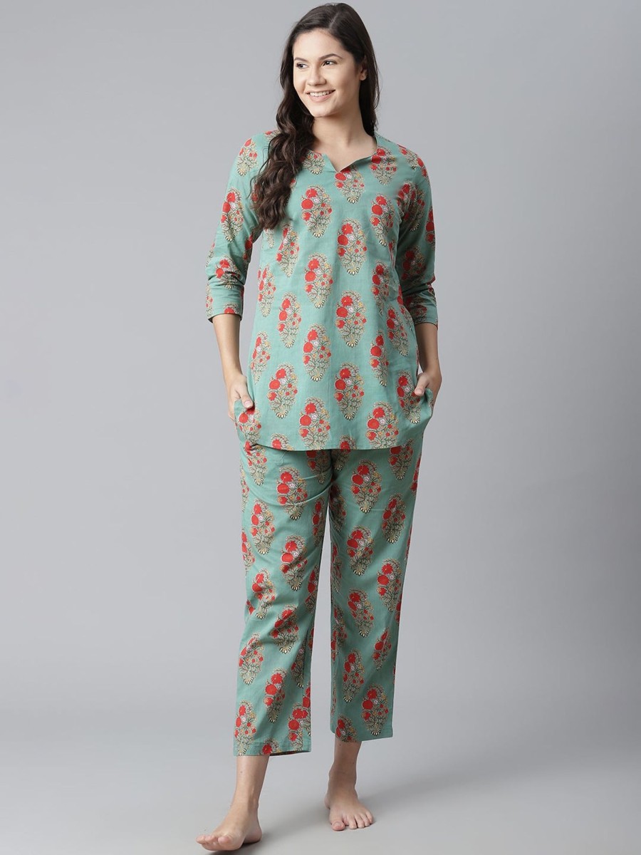 Women Wahe-NOOR | Women'S Green Floral Print Cotton Nightwear - Wahenoor