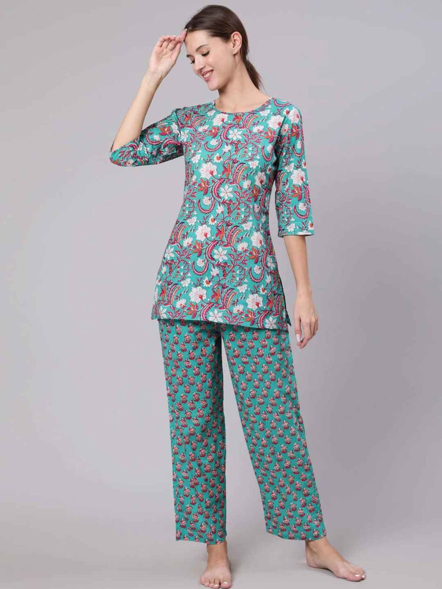 Women Final Clearance Sale | Women'S U0026 Pink Floral Printed Pure Cotton Night Suit - Final Clearance Sale Green