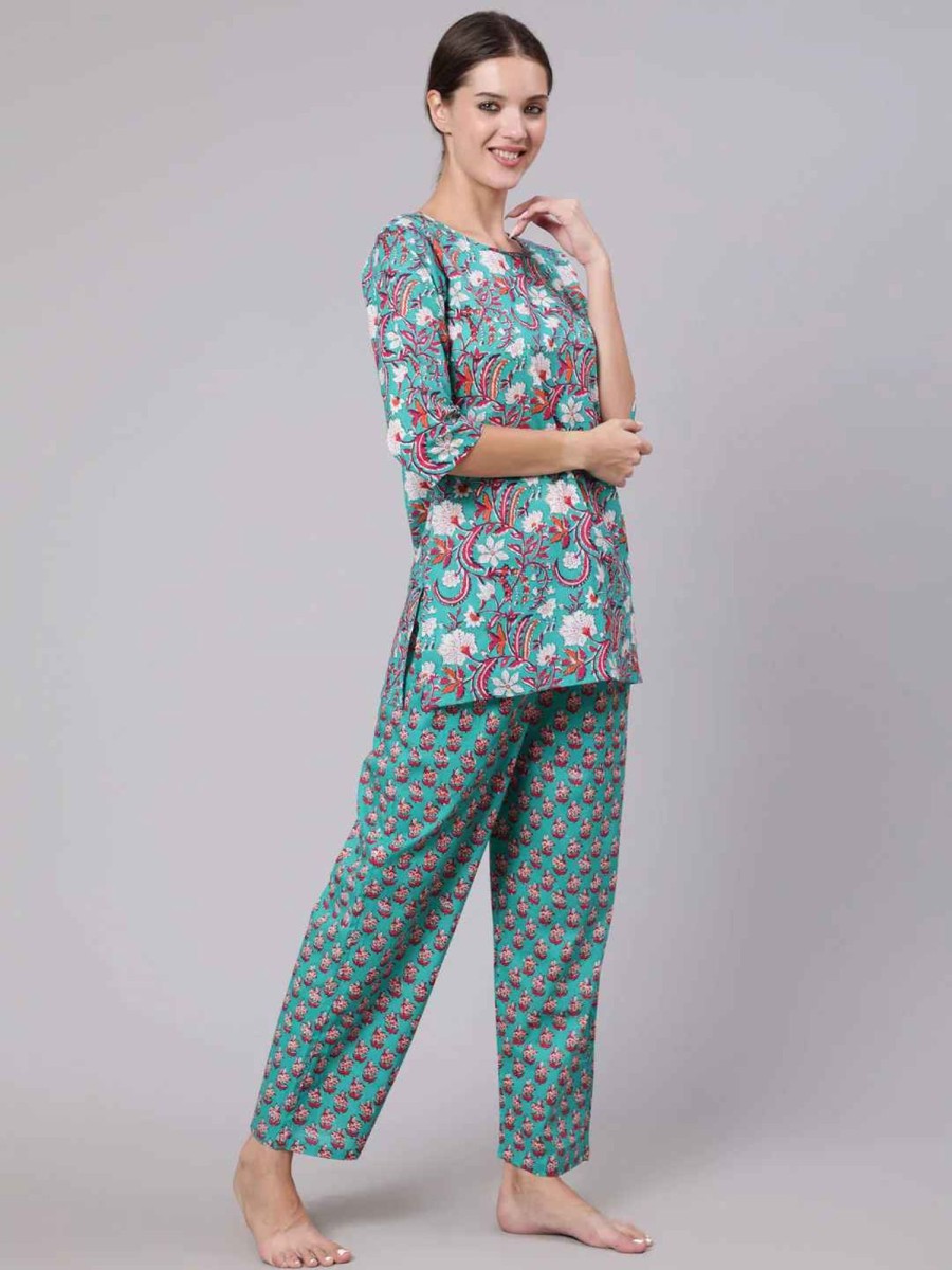 Women Final Clearance Sale | Women'S U0026 Pink Floral Printed Pure Cotton Night Suit - Final Clearance Sale Green