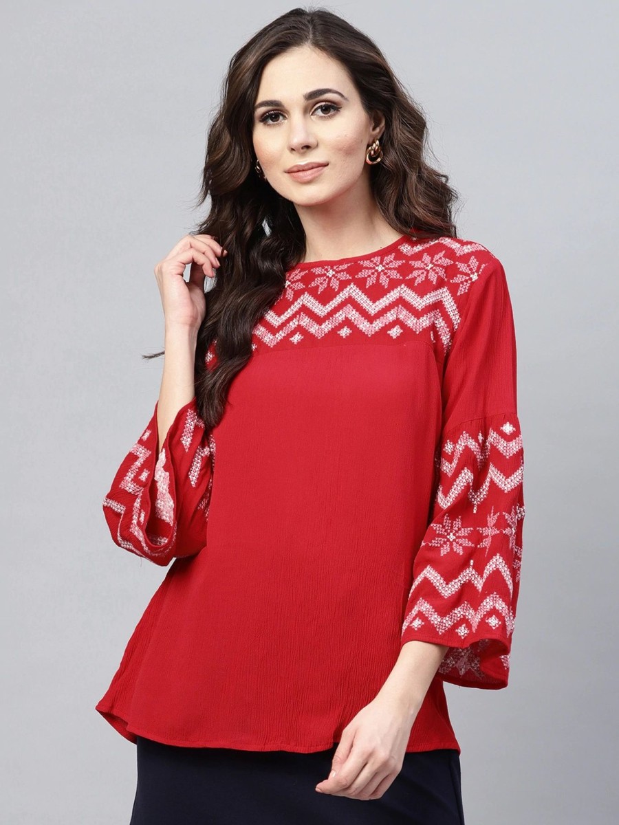 Women Wahe-NOOR | Women'S Red Embroidered Detail A-Line Top - Wahe-Noor