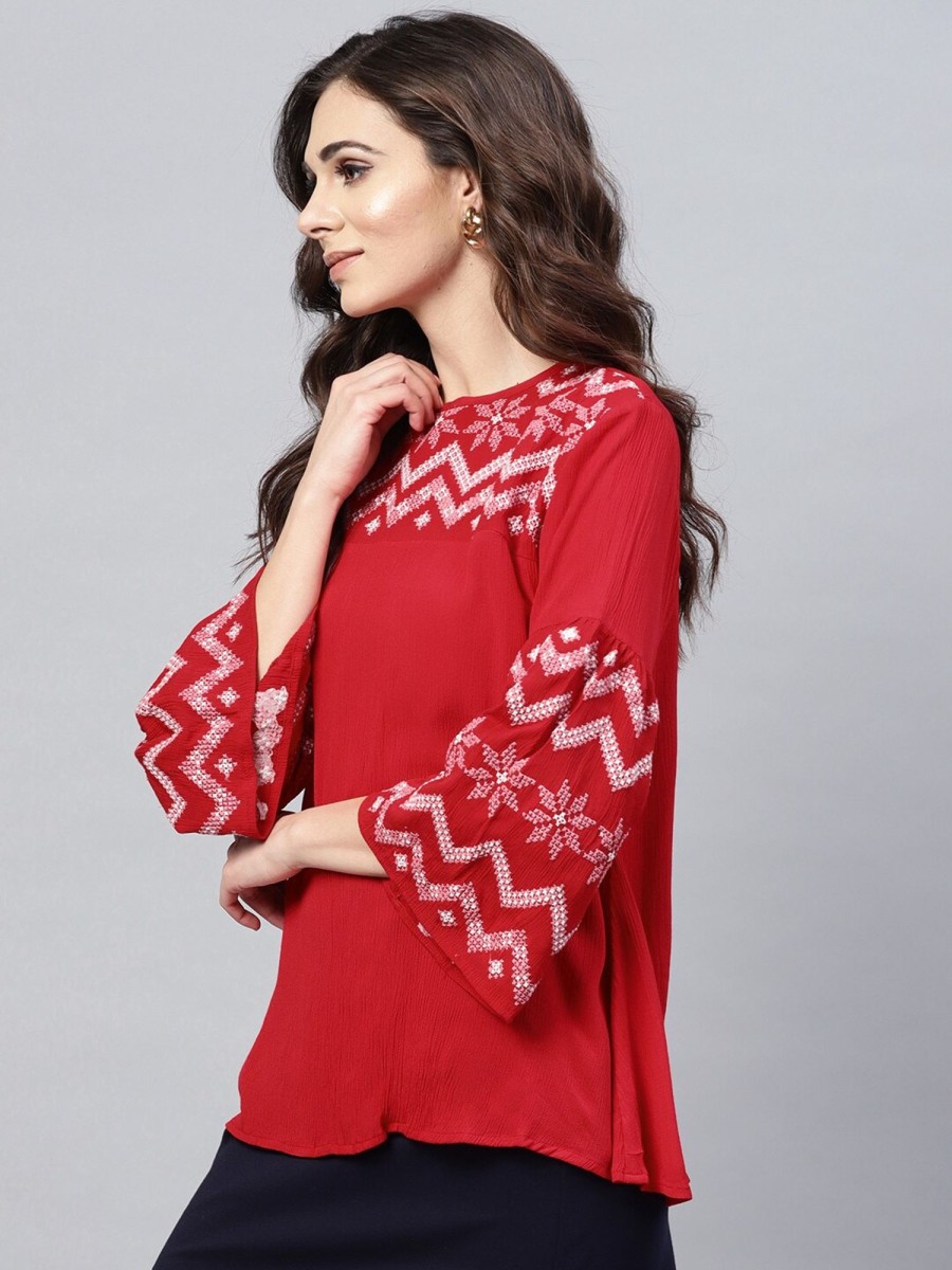 Women Wahe-NOOR | Women'S Red Embroidered Detail A-Line Top - Wahe-Noor