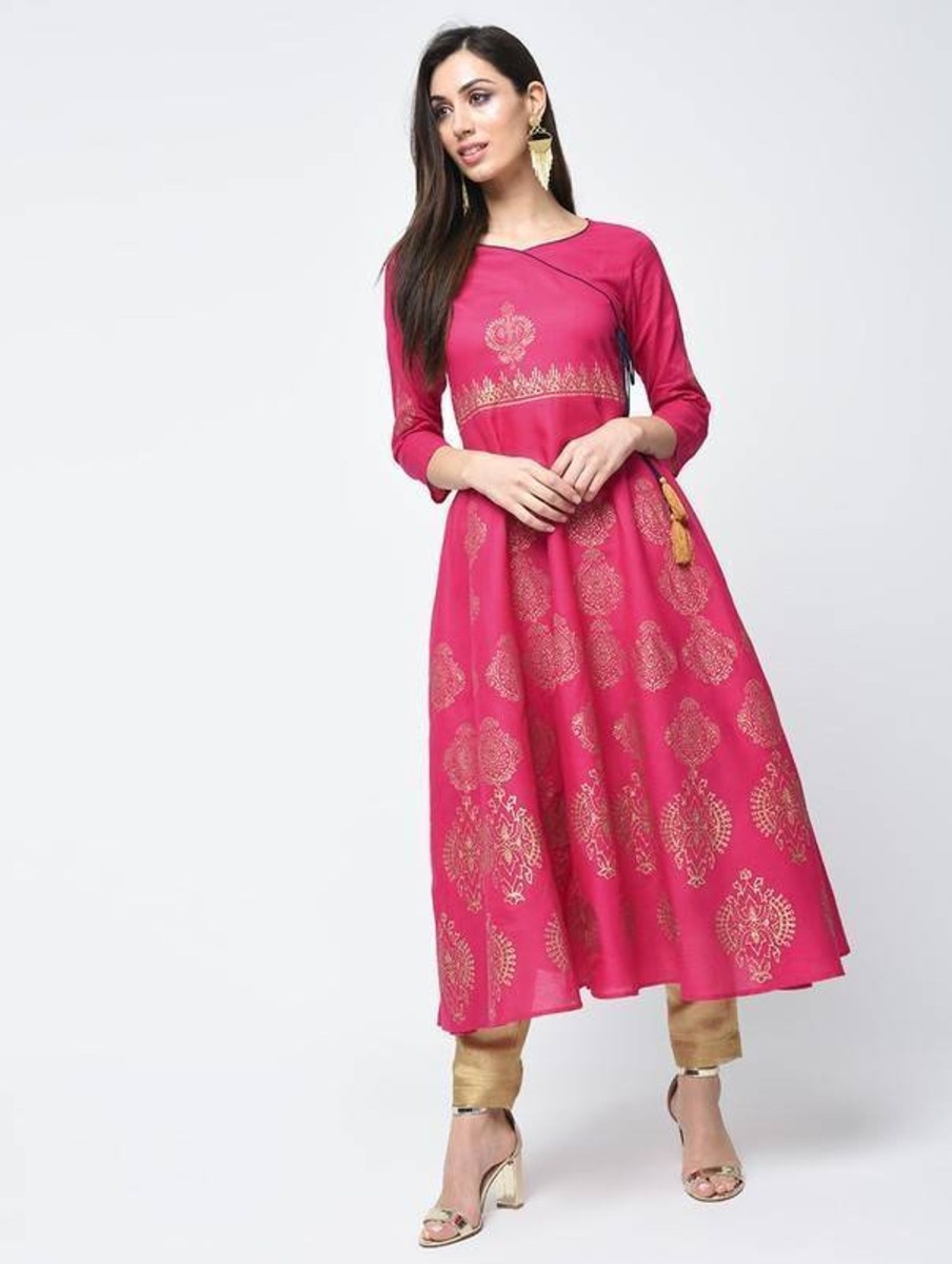 Women Aniyah | Women'S Block Printed Angrakha Kurta - Aniyah Fuchsia