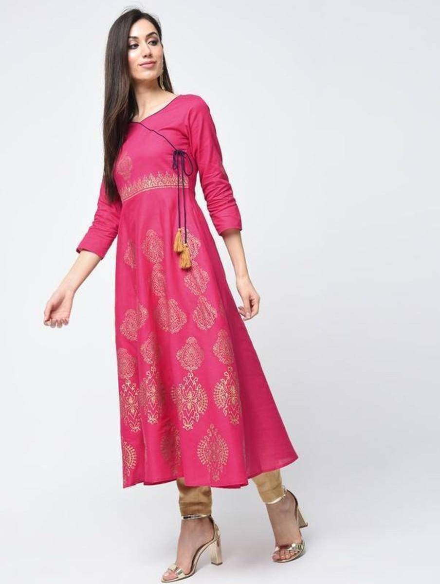 Women Aniyah | Women'S Block Printed Angrakha Kurta - Aniyah Fuchsia