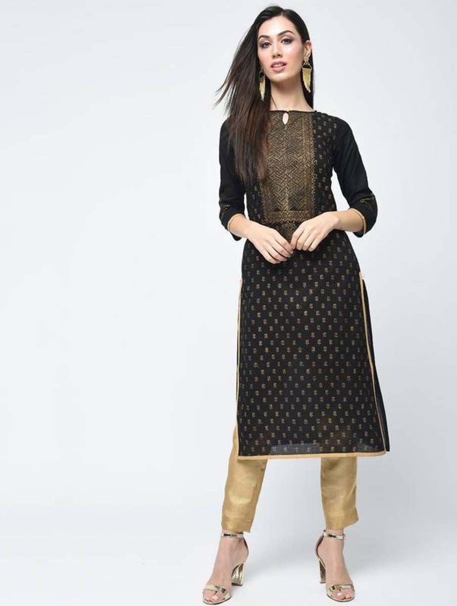 Women Aniyah | Women'S Block Printed Straight Kurta - Aniyah Black