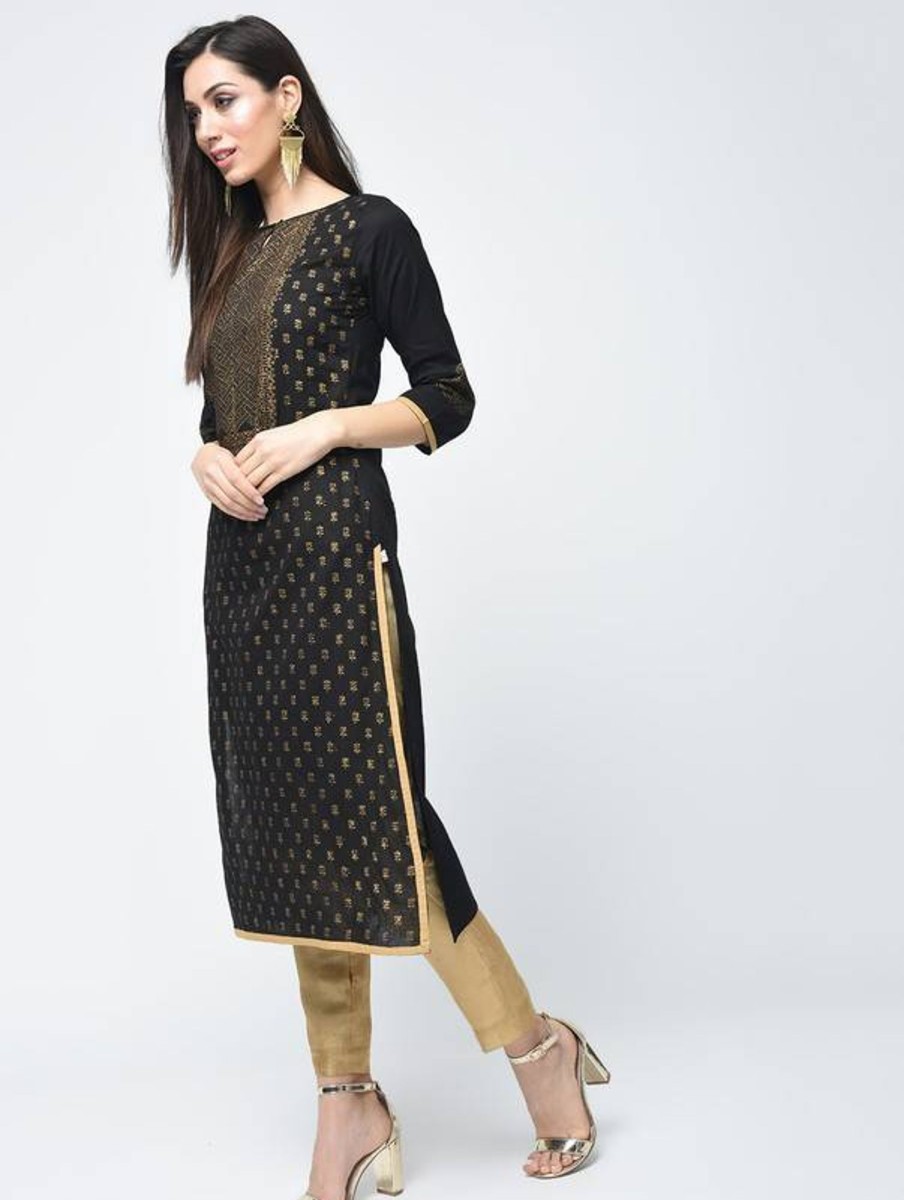 Women Aniyah | Women'S Block Printed Straight Kurta - Aniyah Black