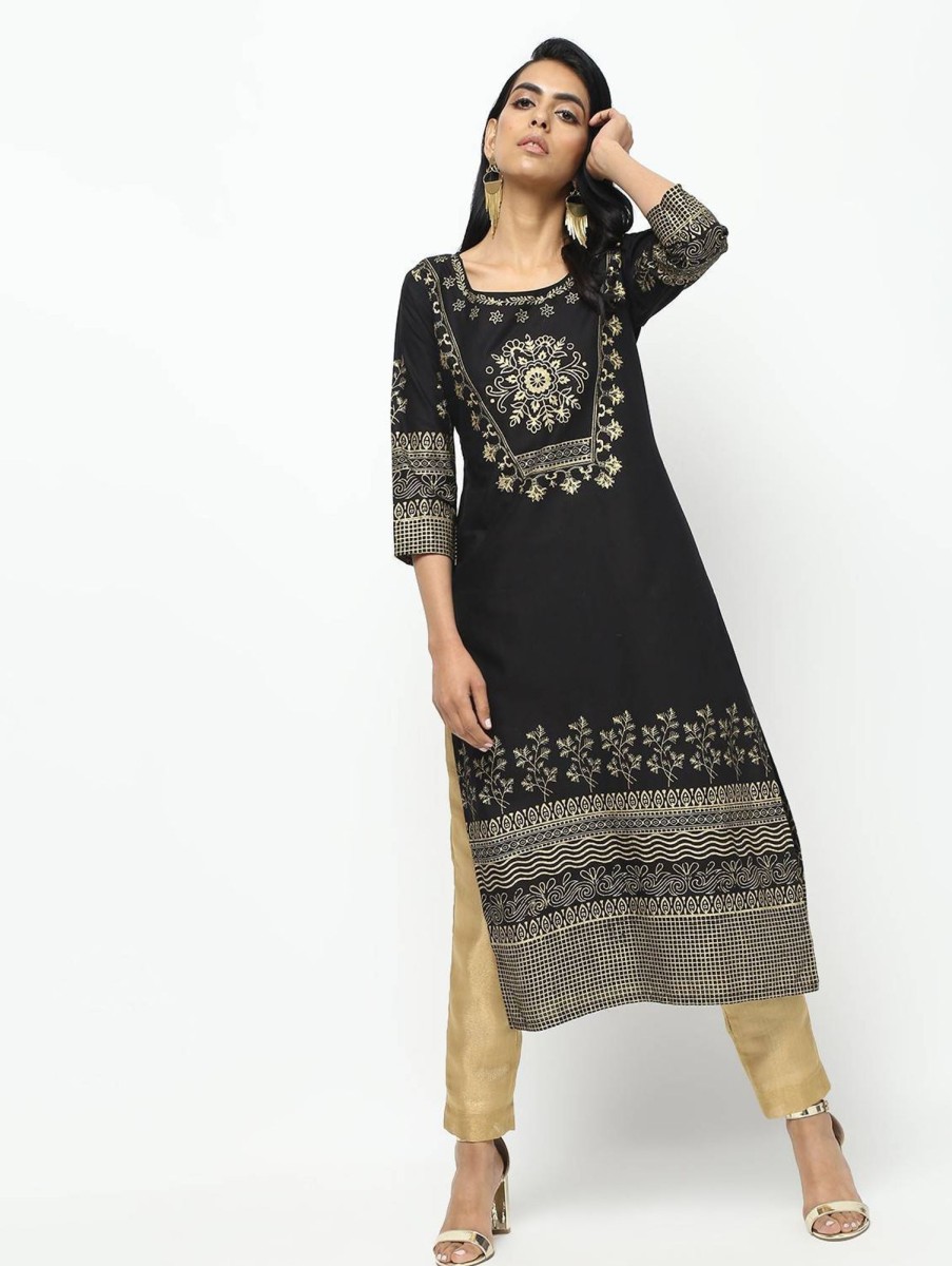 Women CHEERA | Women'S Straight Foil Printed Long Kurta Only - Cheera Black