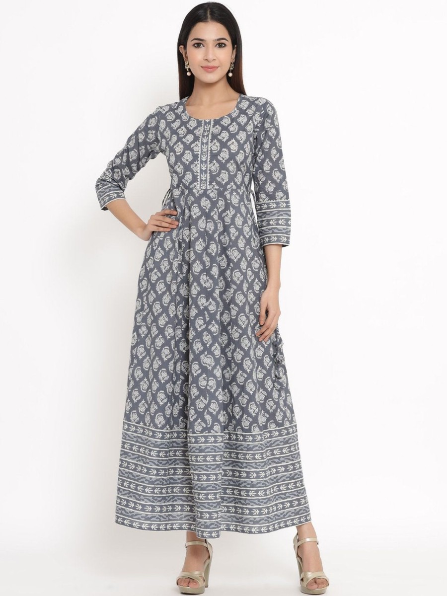 Women Kipek | Women'S Printed Cotton Fabric Anarkali Color - Kipek Grey