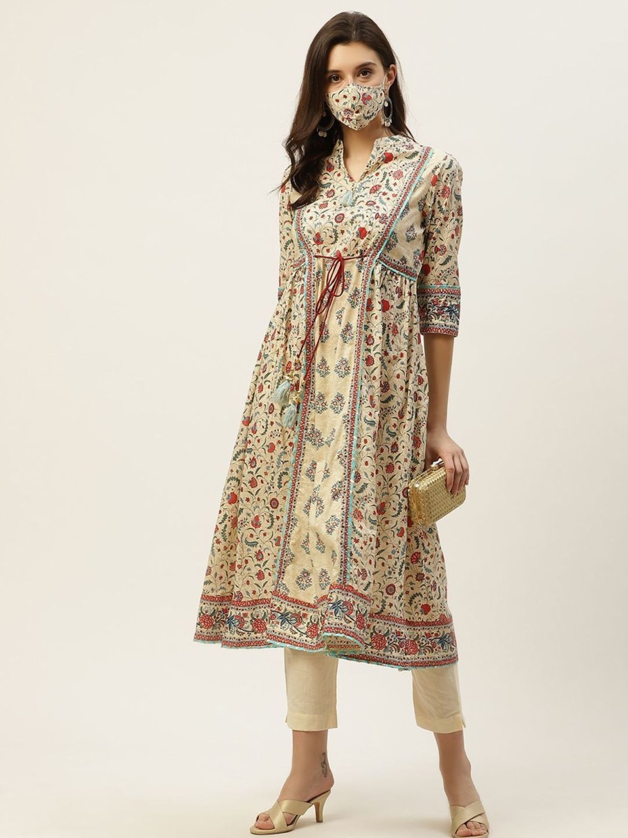 Women Juniper | Women'S Floral Printed Panelled Kurta With Mask - Juniper Beige