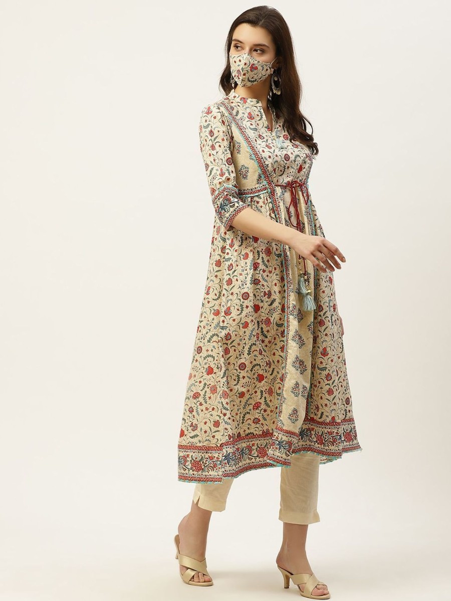 Women Juniper | Women'S Floral Printed Panelled Kurta With Mask - Juniper Beige