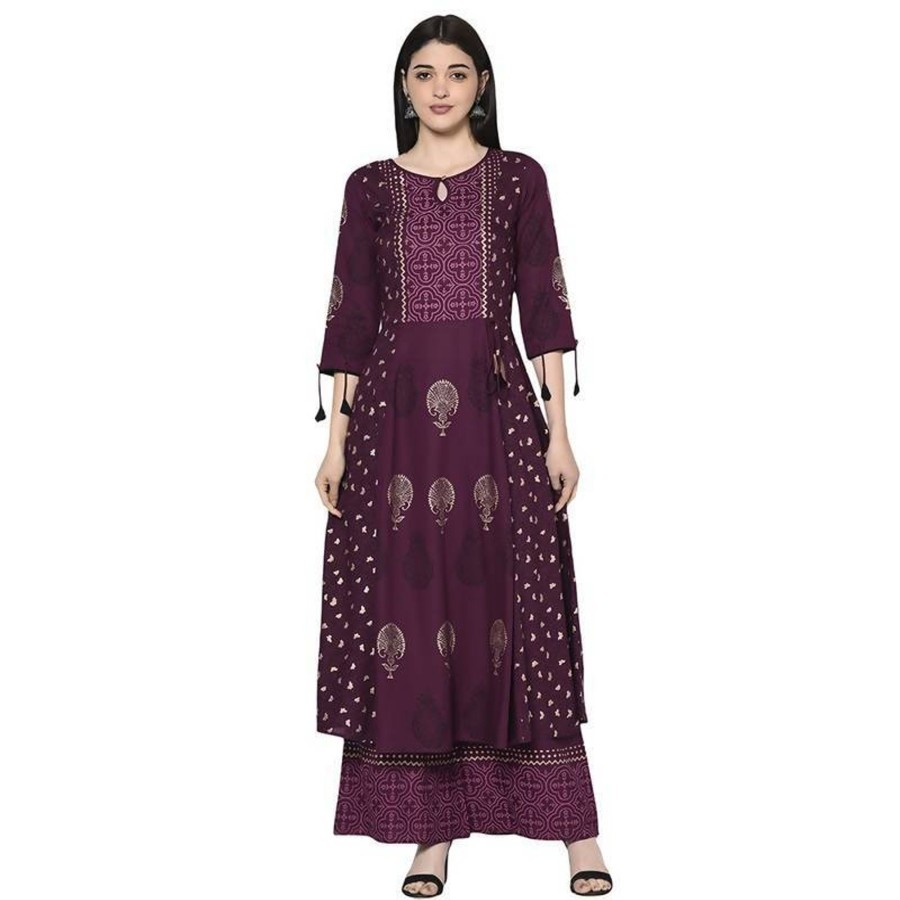 Women Aniyah | Women'S Wine Rayon Block Print Anarkali Kurta - Aniyah