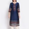 Women Myshka | Women'S Navy Blue Printed Chanderi Silk 3/4 Sleeve Round Neck Casual Kurta - Myshka