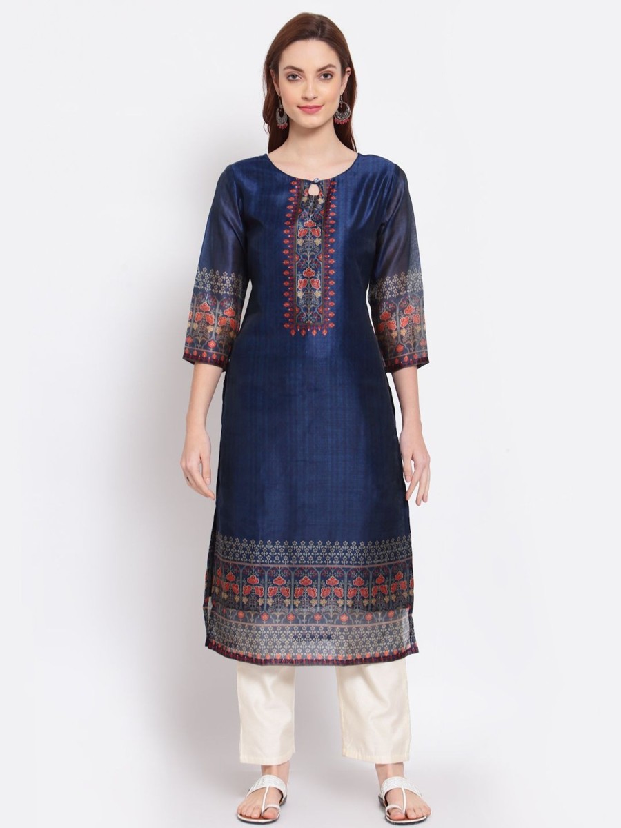 Women Myshka | Women'S Navy Blue Printed Chanderi Silk 3/4 Sleeve Round Neck Casual Kurta - Myshka