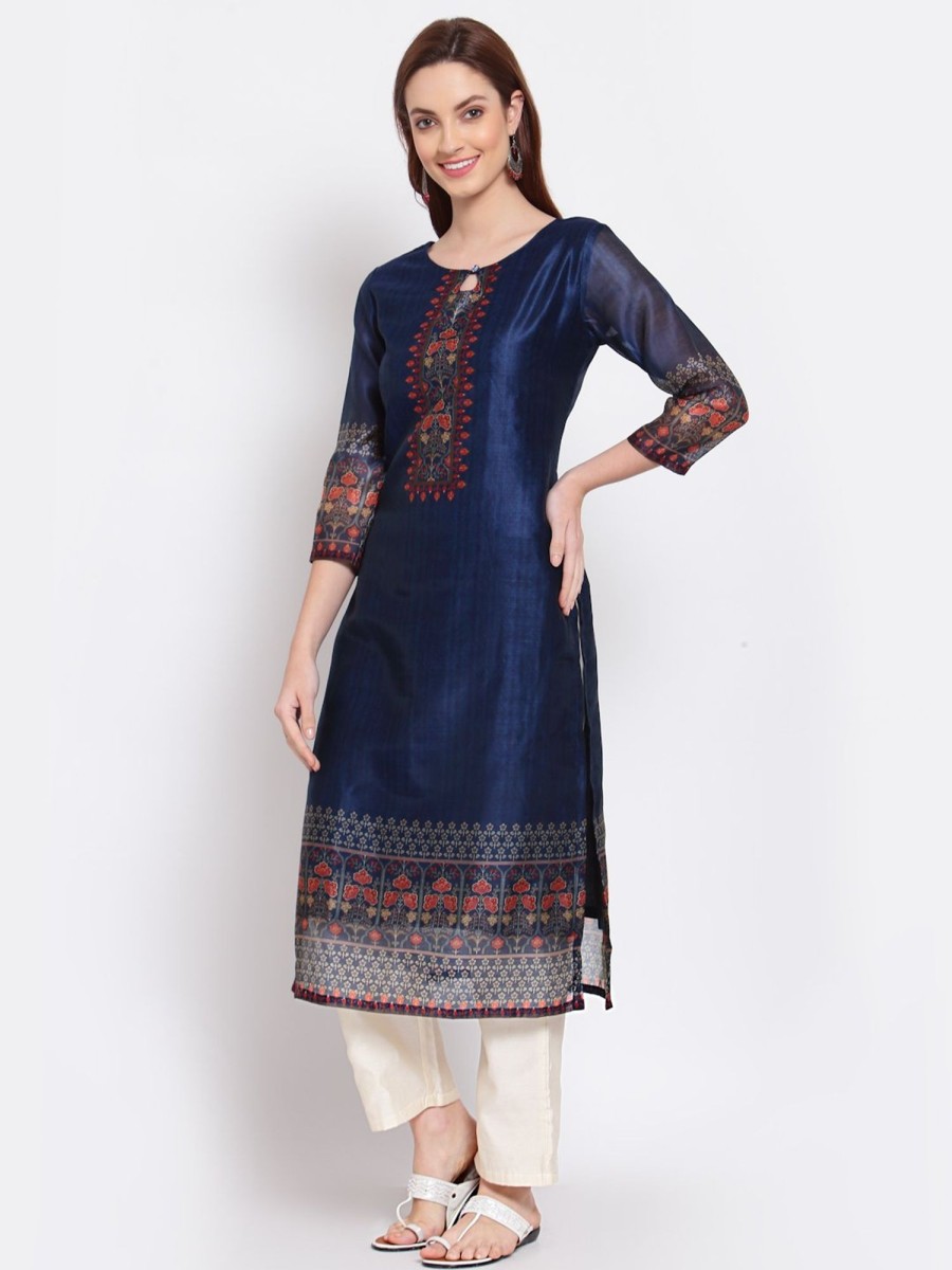 Women Myshka | Women'S Navy Blue Printed Chanderi Silk 3/4 Sleeve Round Neck Casual Kurta - Myshka