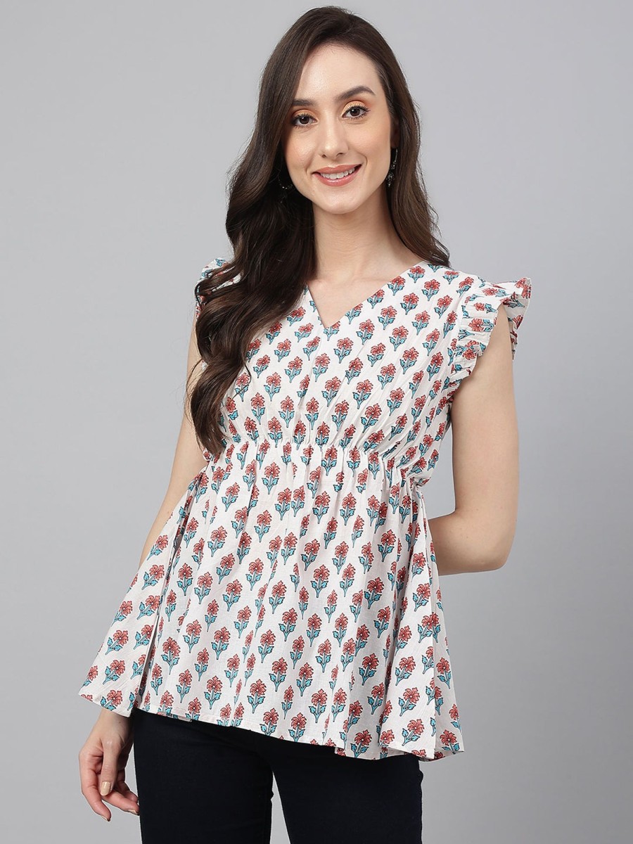 Women Janasya | Women'S Floral Print Cotton Tops - Janasya White