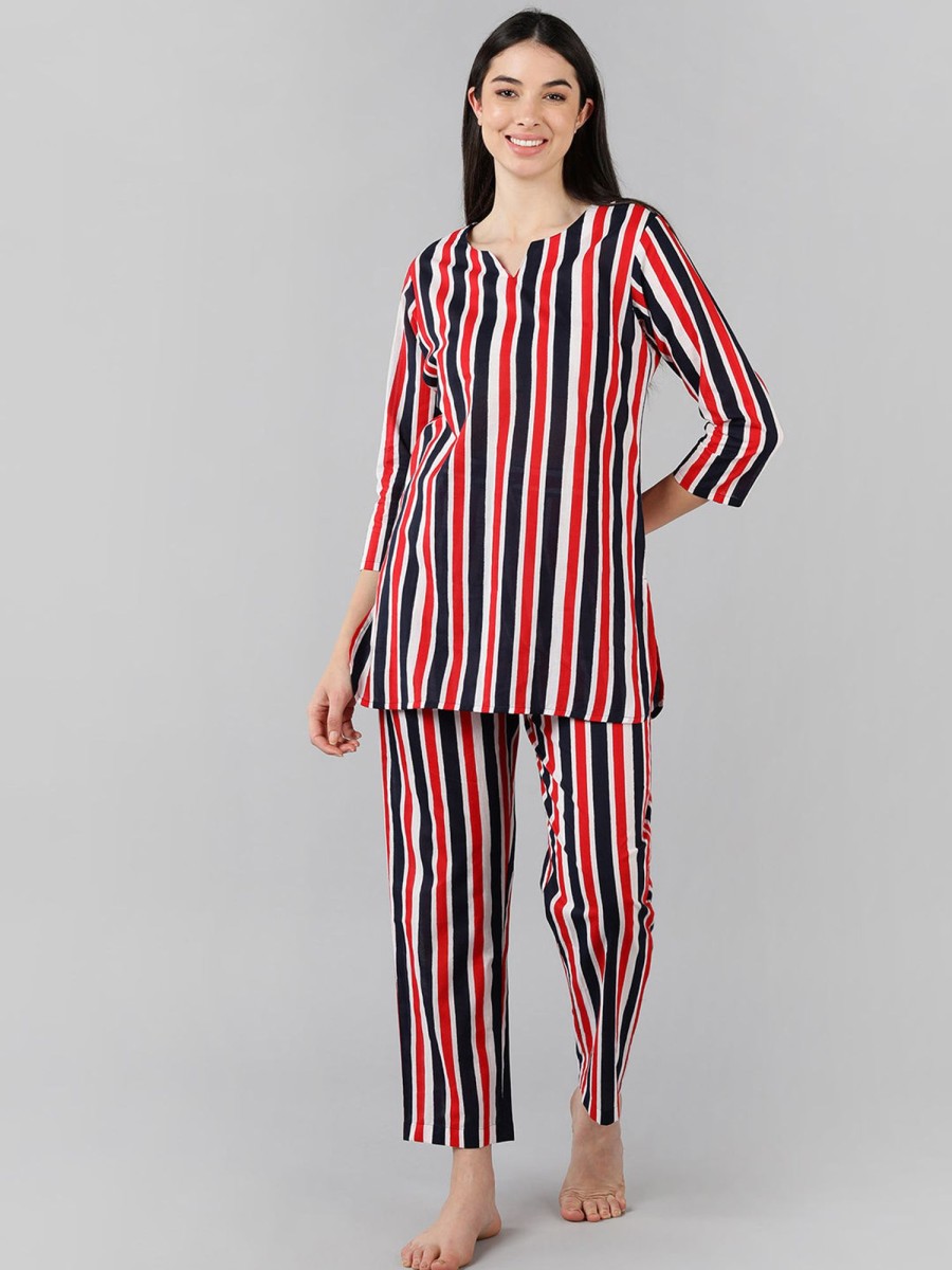 Women Ahika | Women'S Multi Pure Cotton Striped Printed Night Suit - Ahika Multi Color